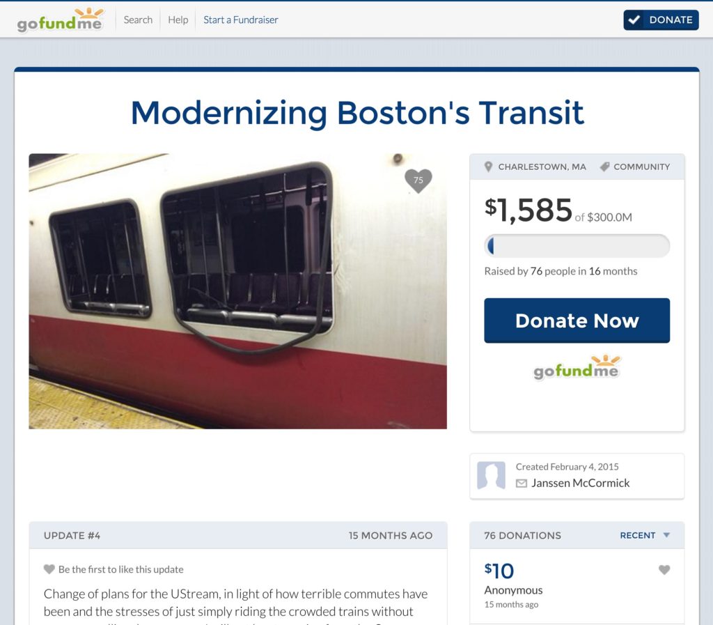 Boston MBTA 2015 crowdfunding proposal on GoFundMe Screenshot: crowdsourced sustainable transport projects Boston MBTA Crowdfunding proposal on GoFundMe in 2015