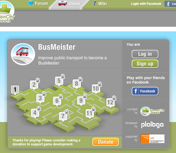 BusMeister starting screen showing game levels. BusMeister starting screen showing game levels.
