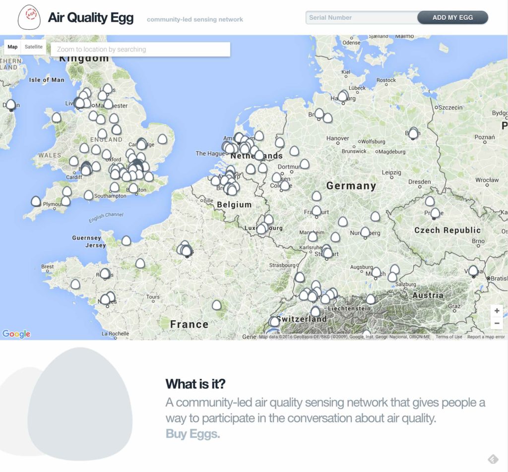 screenshot: Air Quality Egg homepage with map of sensor locations.
